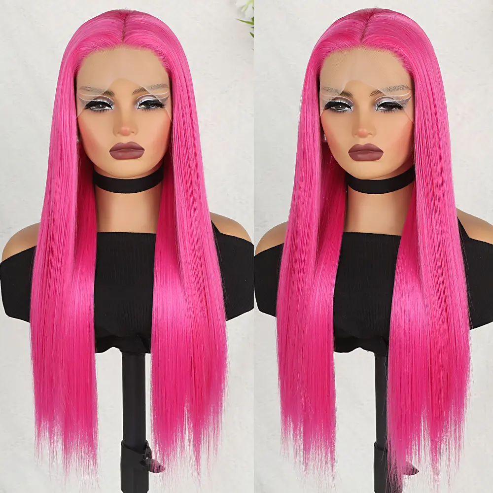 Hot Pink Lace Front Wigs Long Straight Pre Plucked Long Straight Hair Wig Magenta Pink Wigs Ready to Wear Wigs Heat Resistant Synthetic Lace Front Wigs for Women