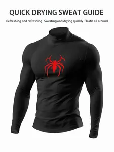 Men's Compression Shirt, Spider-Themed High-Neck Quick-Dry Sweat-Wicking Top, Long-Sleeve Elastic Athletic Base Layer, Gym & Sports, Spider Theme Design
