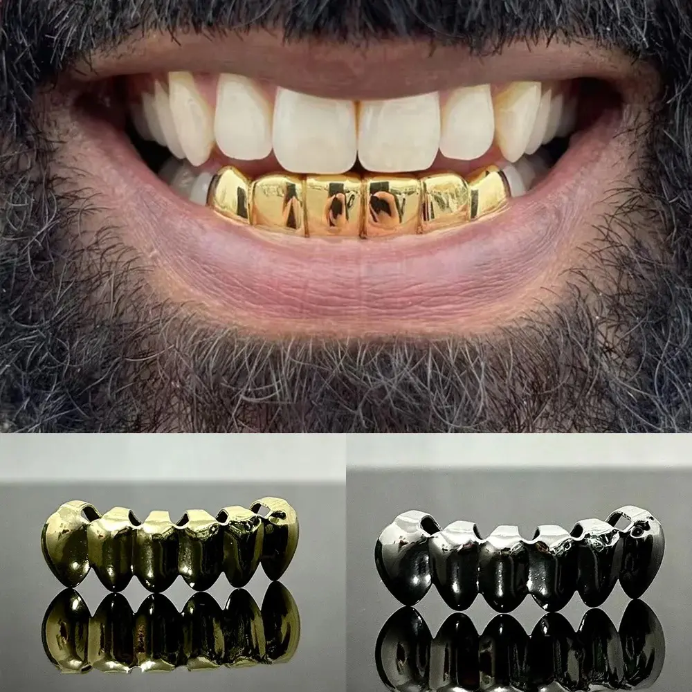 Classic 6 Bottom Teeth Grillz Braces Hip Hop Gold Silver Color Tooth Caps For Women Men Glossy Dental Grills Jewelry