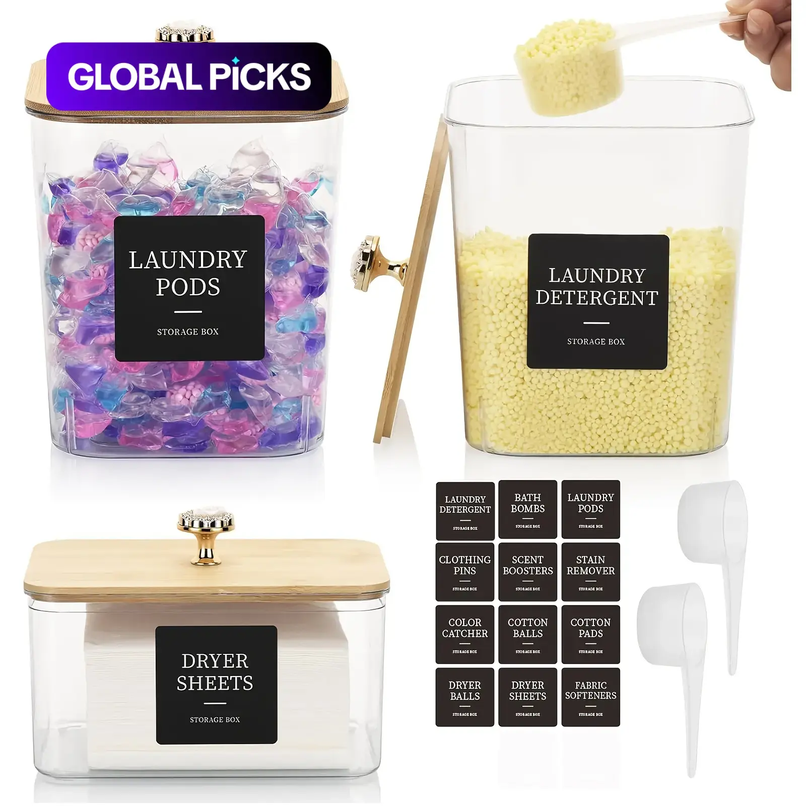Laundry Detergent Storage Box Set, 1 Set Including 2 Detergent Jars, 1 Dryer Sheet Box, 2 Scoops & 1 Sticker, Home Organizer for Laundry Room, Detergent Powder Storage, Containers, Reusable Plastic Canister Set #GLOBAL PICKS
