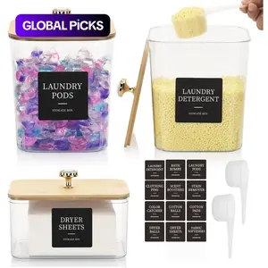 Laundry Detergent Storage Box Set, 1 Set Including 2 Counts Laundry Detergent Container & 1 Count Laundry Sheets Box & 2 Spoon & 1 Sticker, Home Organizer for Laundry Room, Canisters Set, Plastic Jar #GLOBAL PICKS