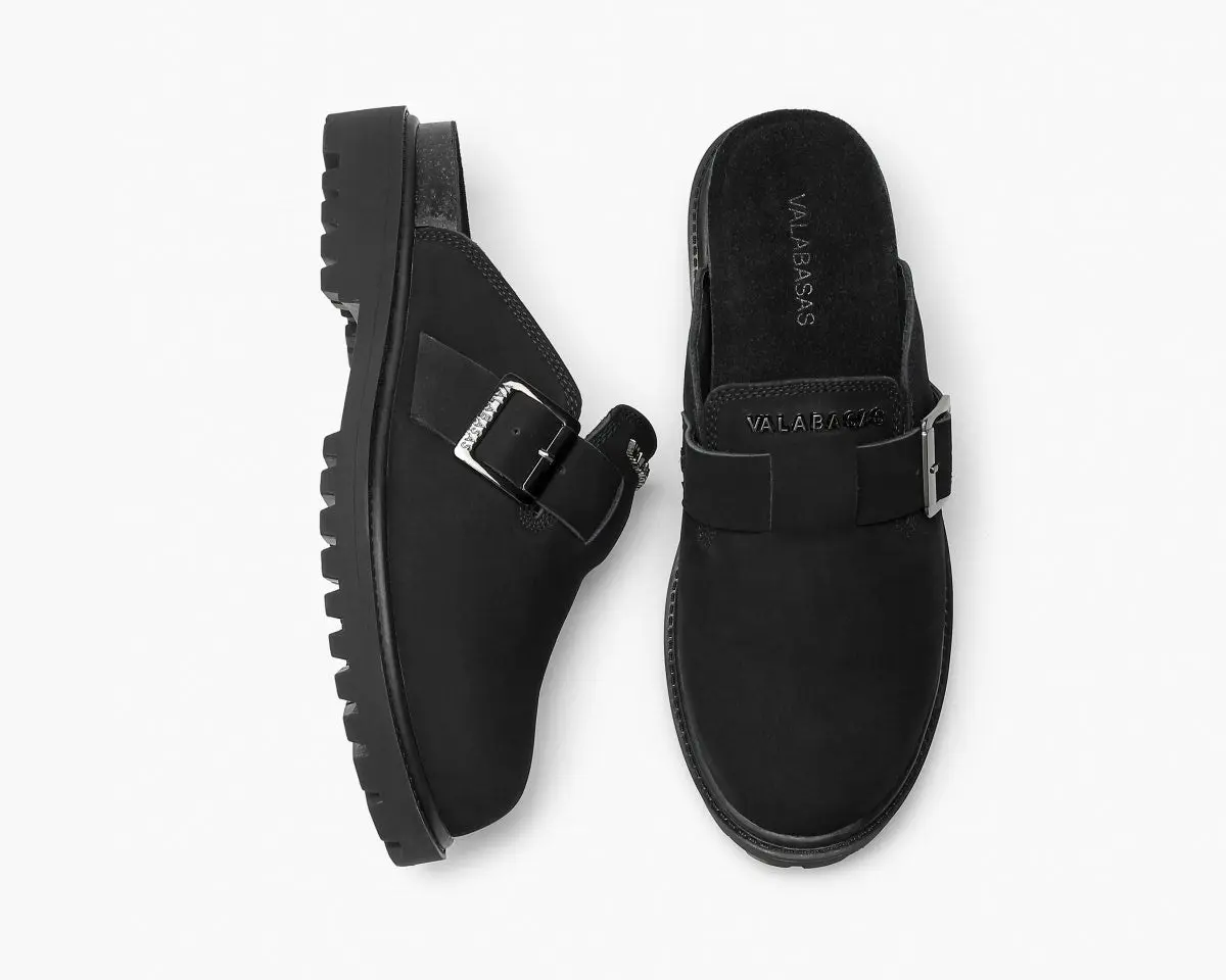 Women's Premium Bold Suede Upper Flat Mules - Slip-On Adjustable Buckles Casual Shoes, vlbs-mule-100 Black Streetwear Footwear, Comfortable Easy to Style with Denim Fashion Shoes