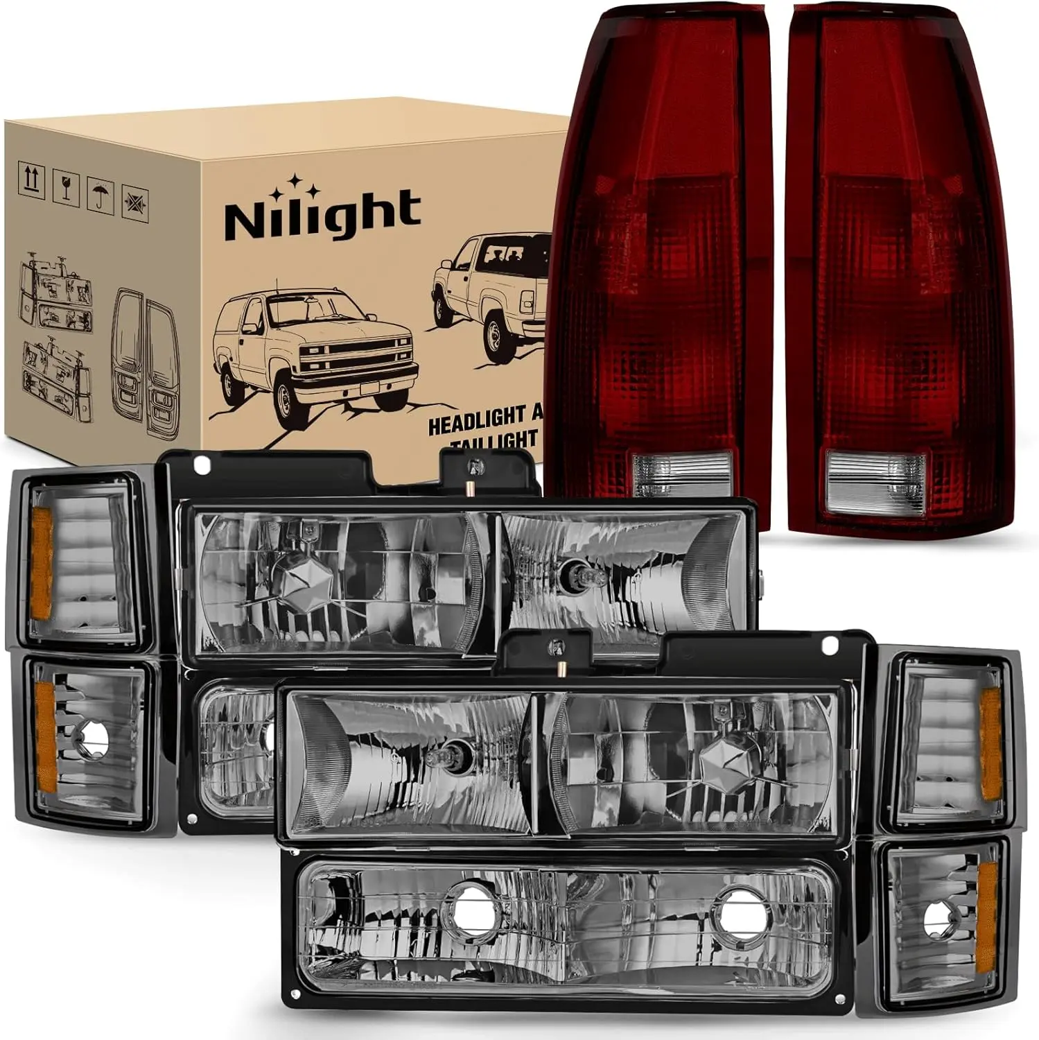 Nilight Headlight and Taillight Assembly Combo Compatible with 1994 1995 1996 1997 1998 Chevy Silverado Tahoe Suburban C10 C/K 1500 2500 3500 Tail Light Chrome Housing Amber Reflector Smoke Lens Truck Headlamps, Replacement