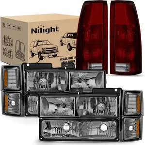 Nilight Headlight and Taillight Assembly Combo Compatible with 1994 1995 1996 1997 1998 Chevy Silverado Tahoe Suburban C10 C/K 1500 2500 3500 Tail Light Chrome Housing Amber Reflector Smoke Lens