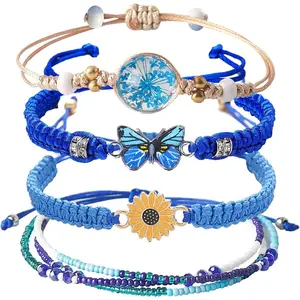 4 Count Charm Bracelet Set for Girls - Dainty Butterfly, Daisy & Flower String Bracelets, Adjustable Cute Jewelry Gift for Teens, Friends, Birthday
