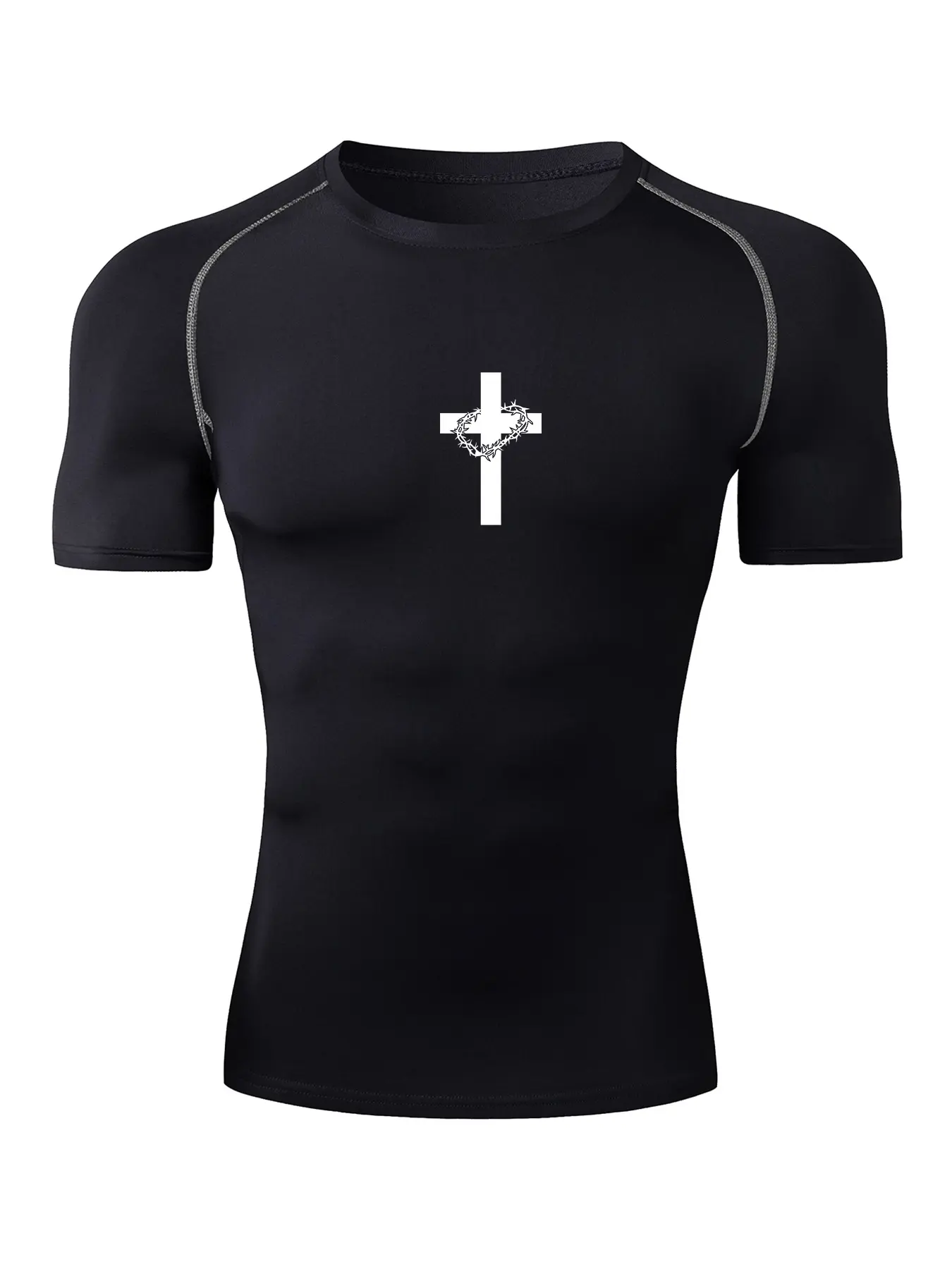 Men's Cross Print Short Sleeve Compression Shirt, Compression Sports Tee, Gym Workout Fitness Running T-Shirt, Tight-Fitting Sporty Rash Guard Baselayers, Summer Quick-Dry Breathable Round Neck Shirt, Fitness Apparel, Athletic Tops