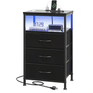 3 Sizes Nightstand  Charging Station, Bedside End Table  Fabric Drawers & USB/Type-C Ports And Outlets, Night Stand For Bedroom Furniture, Adjustable Feet And Variable Light Strip,Black with console Mobile Standing Desk Wheels gaming sand Marble Dining