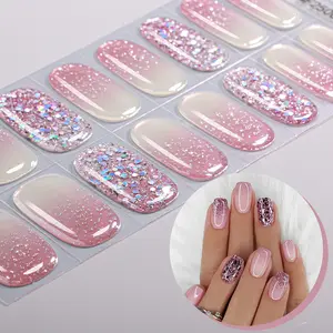 16 Tips Gradient Gel Nail Strips, Illuminating Iridescent Glitter Shiny Self-Adhesive Full Set, UV Lamp Required, Easy to Apply and Remove, DIY Nail Art for Women and Girls, Glitter Nails