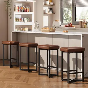 Bar Stools Set of 4 24.6 inch Counter Height Backless Barstools Upholstered PU Leather Seats with Metal X-Frame Footrest Modern Kitchen Stools for Home Bar Dining Room Brown