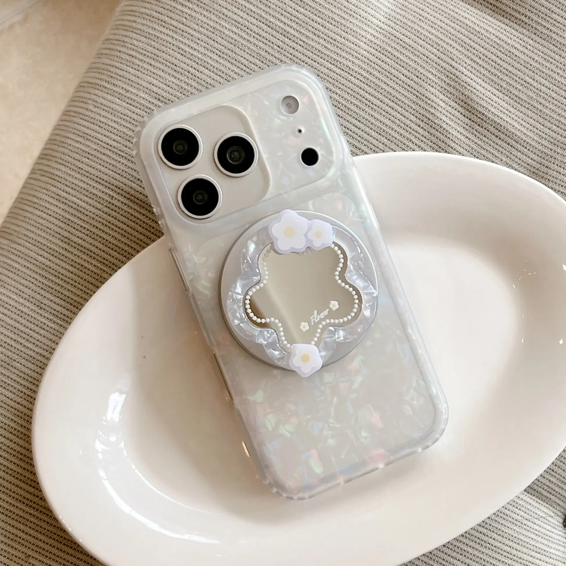 Flower-Print Shell Magnetic Mirror TPU Smartphone Case with Magnetic Holder - Compact Thin, Shockproof TPU Cellphone Protection Accessory for iPhone 13-17 Pro Max