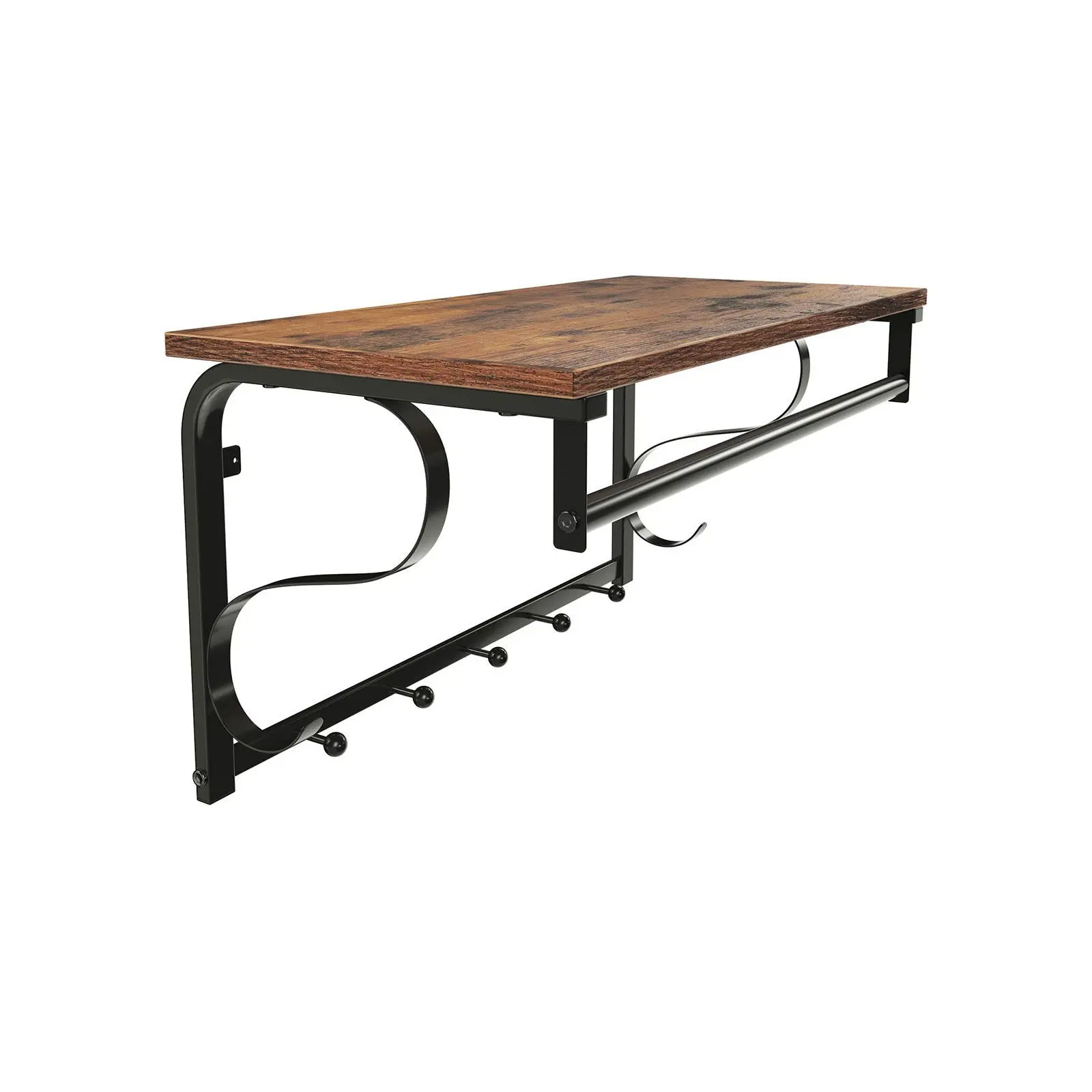 VASAGLE Industrial Wood Coat Shelf - Wall-Mount Home Decor Shelves with 5 Hooks, Hanging Rail for Entryway, Bathroom