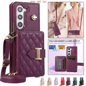 Crossbody Lanyard Leather Wallet Card Phone Wristlet Case for Samsung Galaxy Z Fold 7 6 5 4 3 Fold6 Fold5 Fold4 Fold3 Wrist Rope Cover