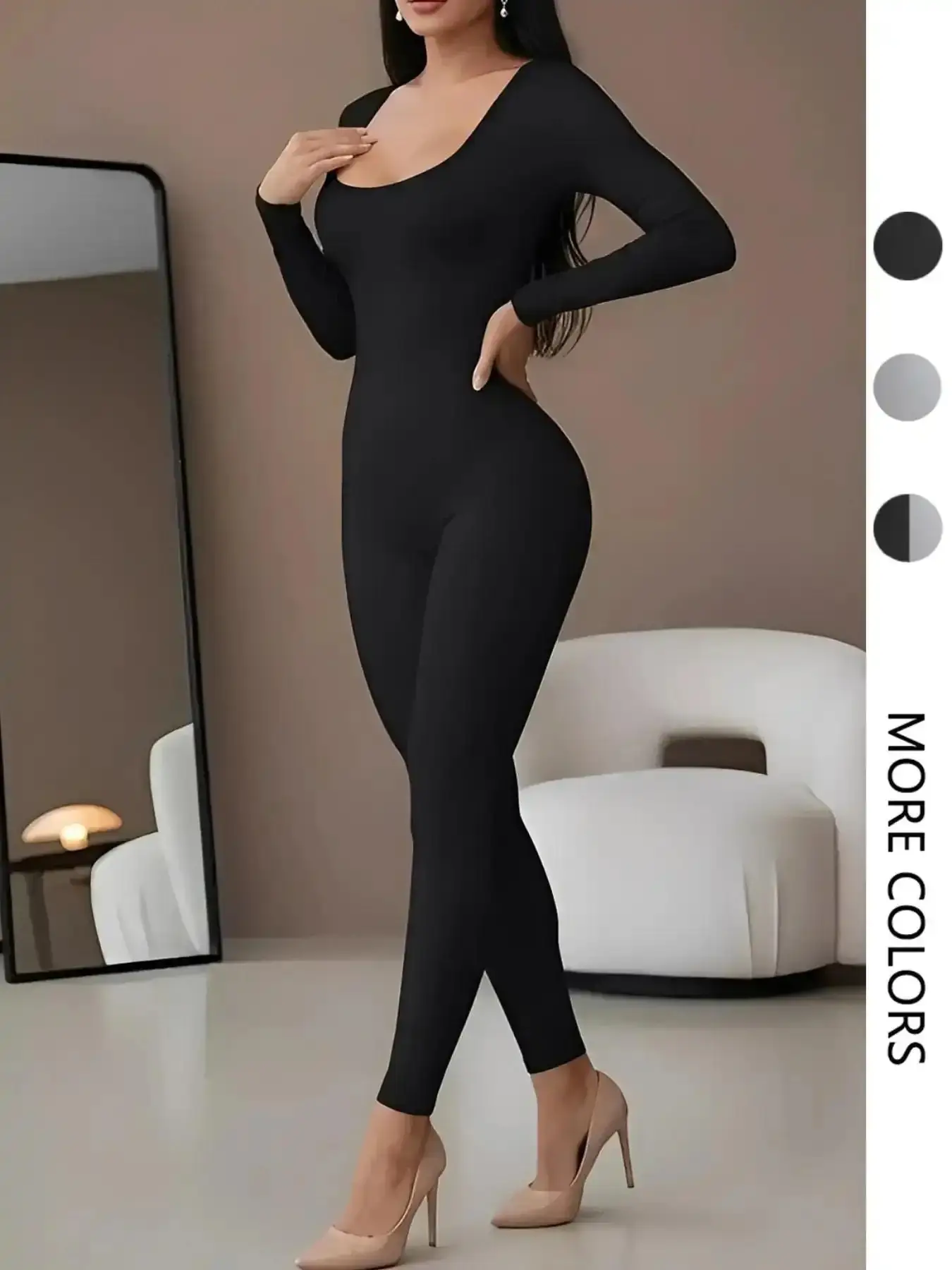 Women's Sexy U-Neck Long Sleeve Jumpsuit, Invisible Zipper Design, Plain Pattern, Fall & Winter Fashion, Comfortable One-Piece Pants