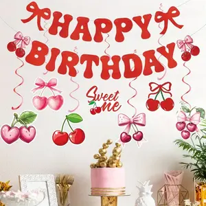 Cherry Bow Birthday Party Theme Decorations, Pull Flag Ribbon Spiral Decoration, Birthday Party Decorative Banner, Home Room Decor Items