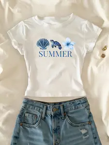 Women's "SUMMER" Coastal Graphic Crop Top | Slim Fit Y2K Aesthetic Baby Tee | Soft Stretchy Casual Streetwear | Beachy Sea Turtle & Shell Style