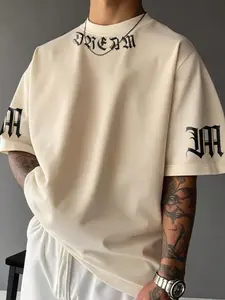 Men's Stylish Casual Round Neck T-Shirt with English Print, Breathable Polyester Fabric, Comfortable Fitted Design for Everyday Wear, Casual Style Tee