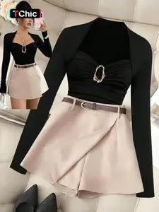 New French Elegant Fashion Set, Square Neck Ruched T-Shirt with Metal Buttons, Elastic Waist A-Line Skirt Pants, Women's Two-Piece