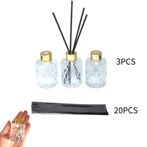 3pcs 1.69oz Glass Essential Oil Diffuser Bottles with Diamond Pattern Gold Silver Black Aromatherapy Containers for Home Bathroom Decoration Gift with 20 Black Reed Diffuser Sticks