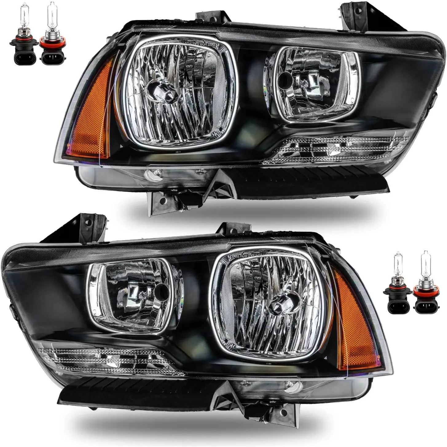 Halogen Headlight Assembly Pair Set for 2011-2014 Dodge Charger, Polycarbonate Black Housing, Amber Reflector, Dual Beam, IP67 Rated, Plug-N-Play, Bulbs Included, Road Legal, Weatherproof, Dustproof (Driver & Passenger Side), Easy Install