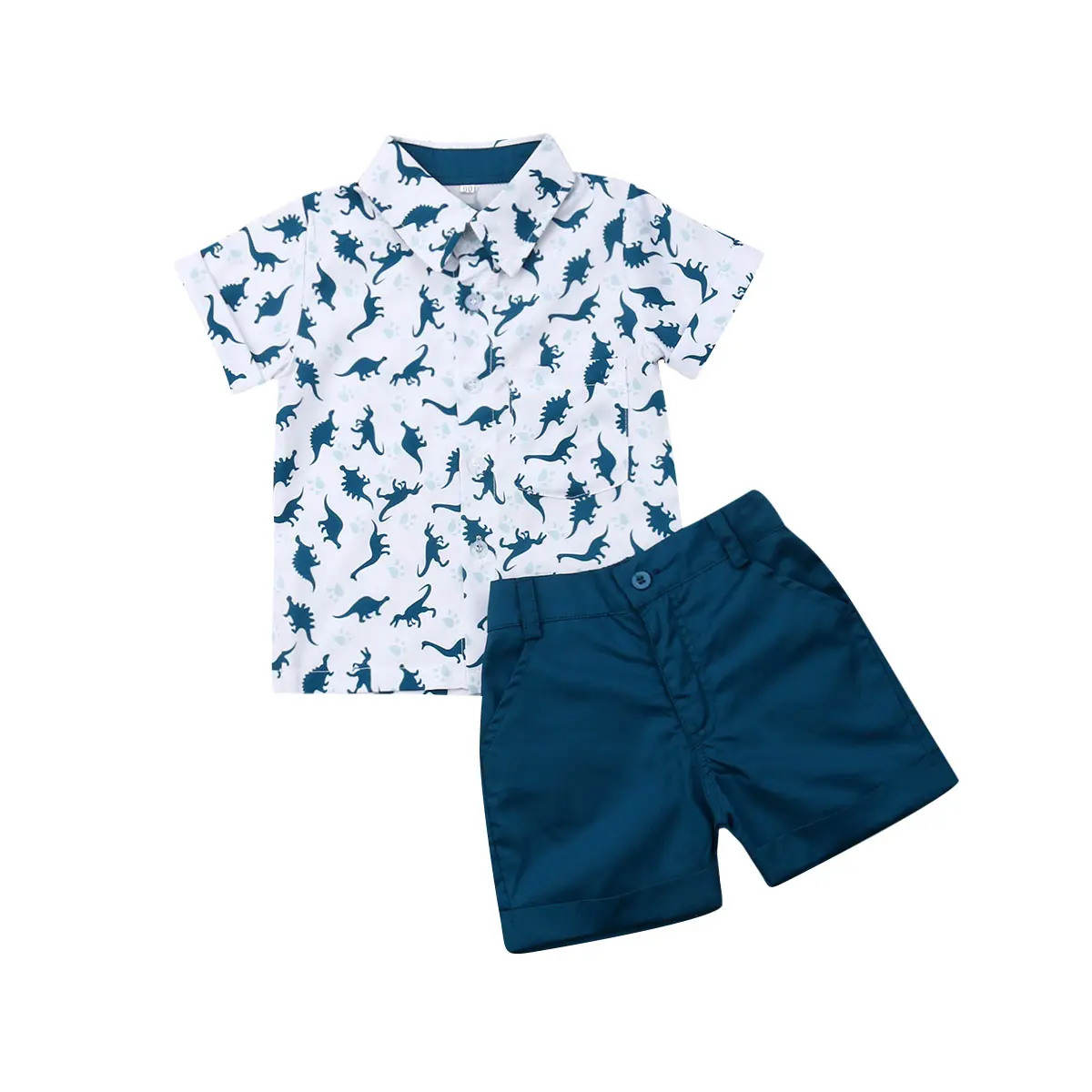 Baby Boys Clothing 1-6T Toddler Summer Outfit - Dinosaur Print Short-Sleeve Button-Down Lapel Neck T-Shirt, Solid Color Casual Shorts Gift Set