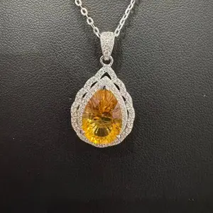 US LC | 14CT silver Teardrop Citrine Pendant Necklace BYC-P7-S-10X14-Y