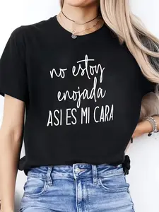 100% Cotton Women's Spanish Alphabet - Print T-Shirt - Casual Short Sleeve Round Neck Blouse with Spanish Lettering, Semi-Sheer Top for Casual Attire & Spanish Classes, Machine Washable -Line Fit (-)