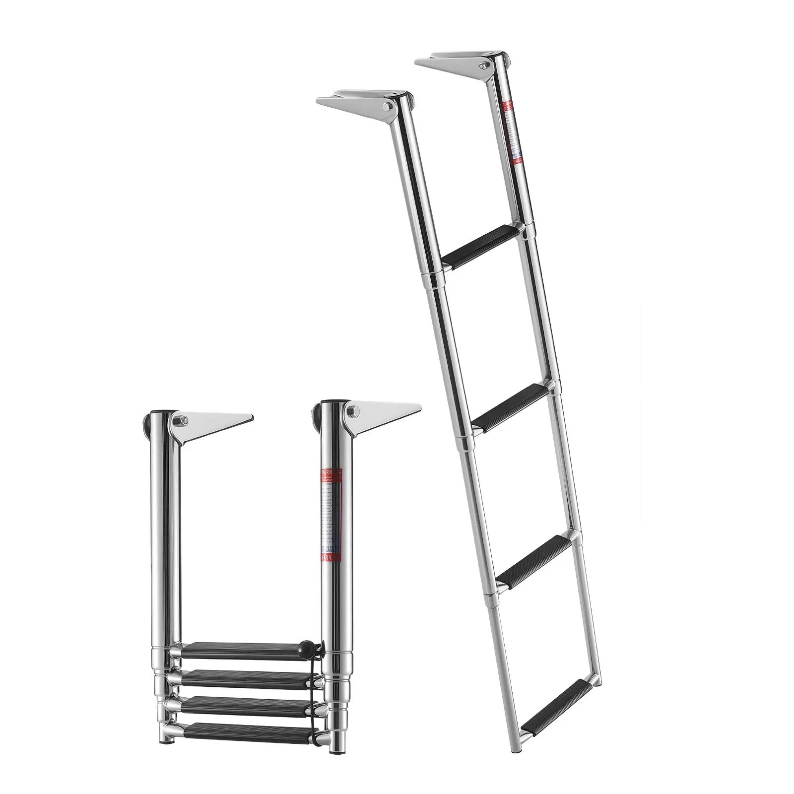 VEVOR 4-Step Marine Grade Stainless Steel Telescopic Foldable Deck Ladder for Adults, 900lb High Load, Wide Anti-Slip Steps, Deck Mount, Space-Saving, Includes Hardware, Assembly Required, for Rear Entry Boats, Outdoor Use, No, Pontoon Boats, Fishing Boat