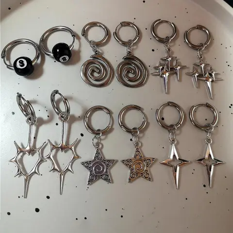 Punk Style Star & Heart Design Dangle Earrings, Earrings Stack, Hoop Earring Sets, Statement Hoops Earrings, Fashion Jewelry for Party, Everyday Accessory, Jewelry for Birthday Gift, Hoop Shape Earrings, Earring Stacking Set