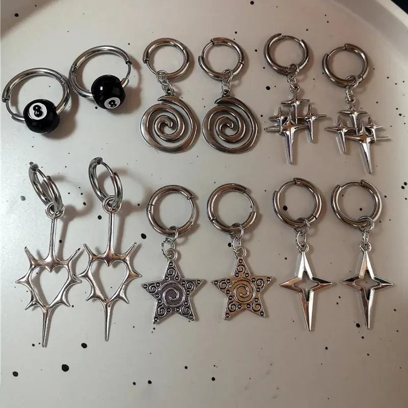 Punk Style Star & Heart Design Dangle Earrings, Earrings Stack, Hoop Earring Sets, Statement Hoops Earrings, Fashion Jewelry for Party, Everyday Accessory, Jewelry for Birthday Gift, Hoop Shape Earrings, Earring Stacking Set