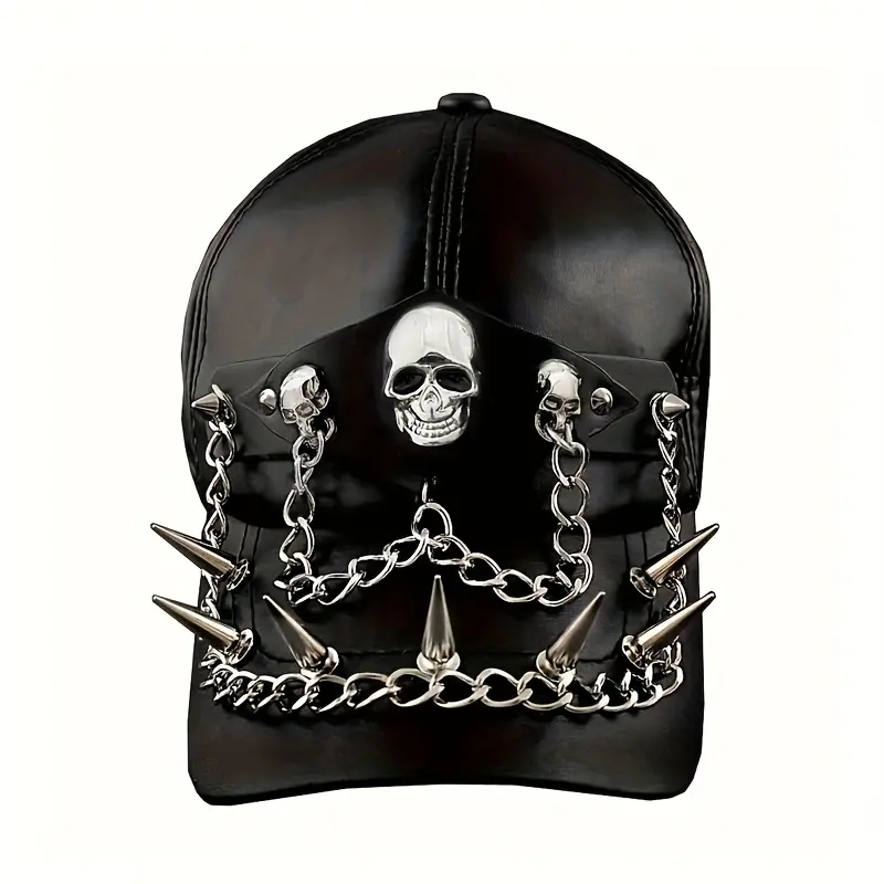 Unisex Black Faux Leather Punk Rock Skull Cone Spike Newsboy Flat Cap - Funky Goth Style for Motorcycle Bikers, Beach, Engagement Event, Hair Bonnet Alternative, Lace-Up, PU Leather, Lambskin, Casual, Metal Accents, Comfortable Daily Fit