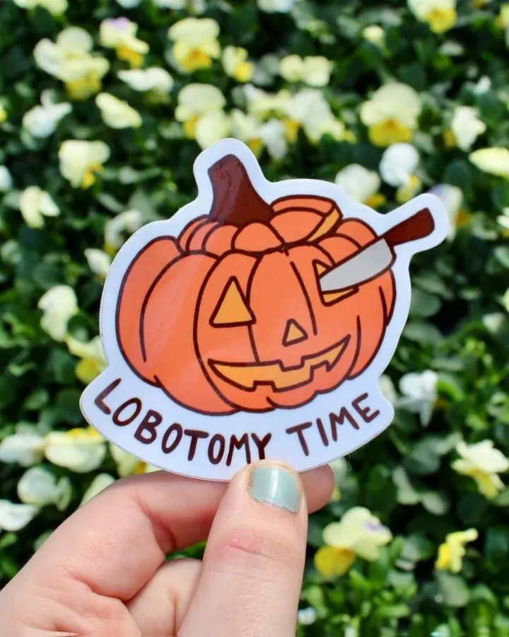 Sad Pumpkin Sticker - "Lobotomy Time" Halloween Design 3" x 3"  Spooky Jack-o-lantern Waterproof UV Resistant Vinyl Decal for Laptops Cars & Water Bottles