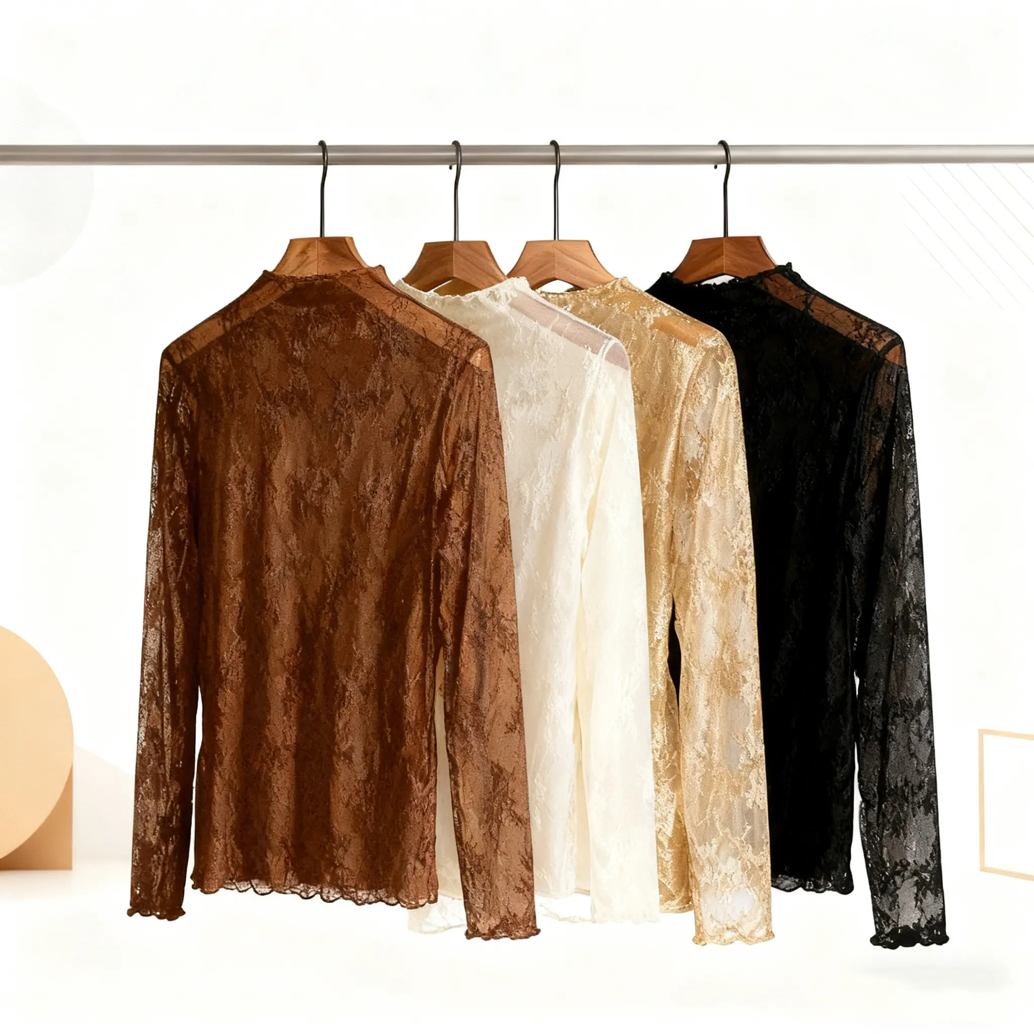 High-end lace bottoming shirt women's long-sleeved new  foreign style inner turtleneck gauze mesh top thin,Delicate Floral Patterns, Flattering Fit – Perfect for Layering or Making a Chic Statement.