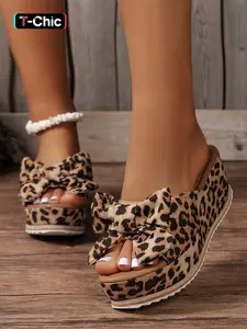 Women's Cute Bow Decor Leopard Print Wedge Sandals, Bowknot Design Slides, Casual Trendy Slip on Wedge Popular 2024 Summer Sandals, Fashionable Shoes for Daily Summer Vacation Beach Wear