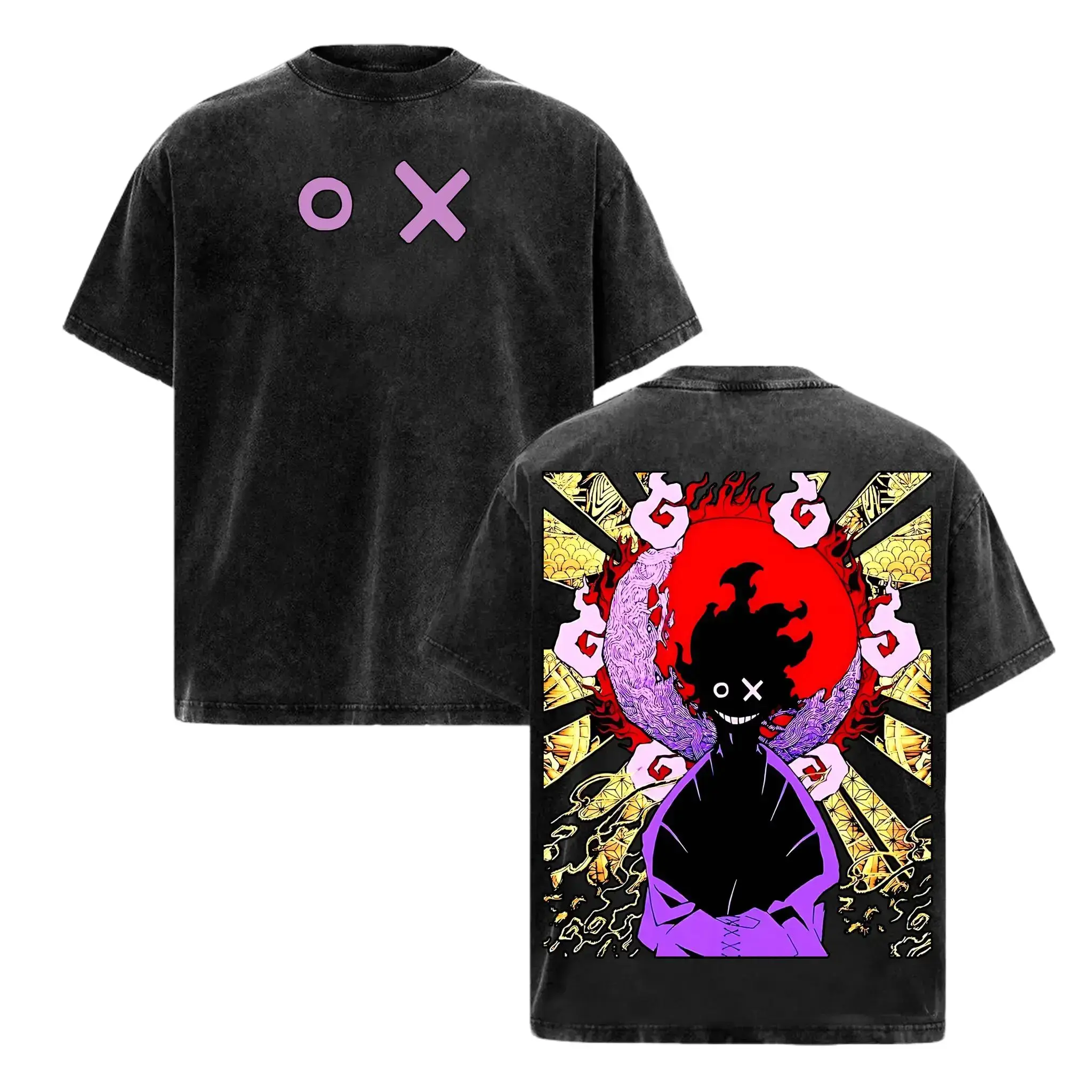 Vintage Washed Hunter X Hunter Meruem Double Sided Tee Purple OX Symbol Red Sun Wasp Anime Graphic Oversized Black Acid Wash Streetwear Casual Tee Unisex Relaxed Fit Stylish Menswear
