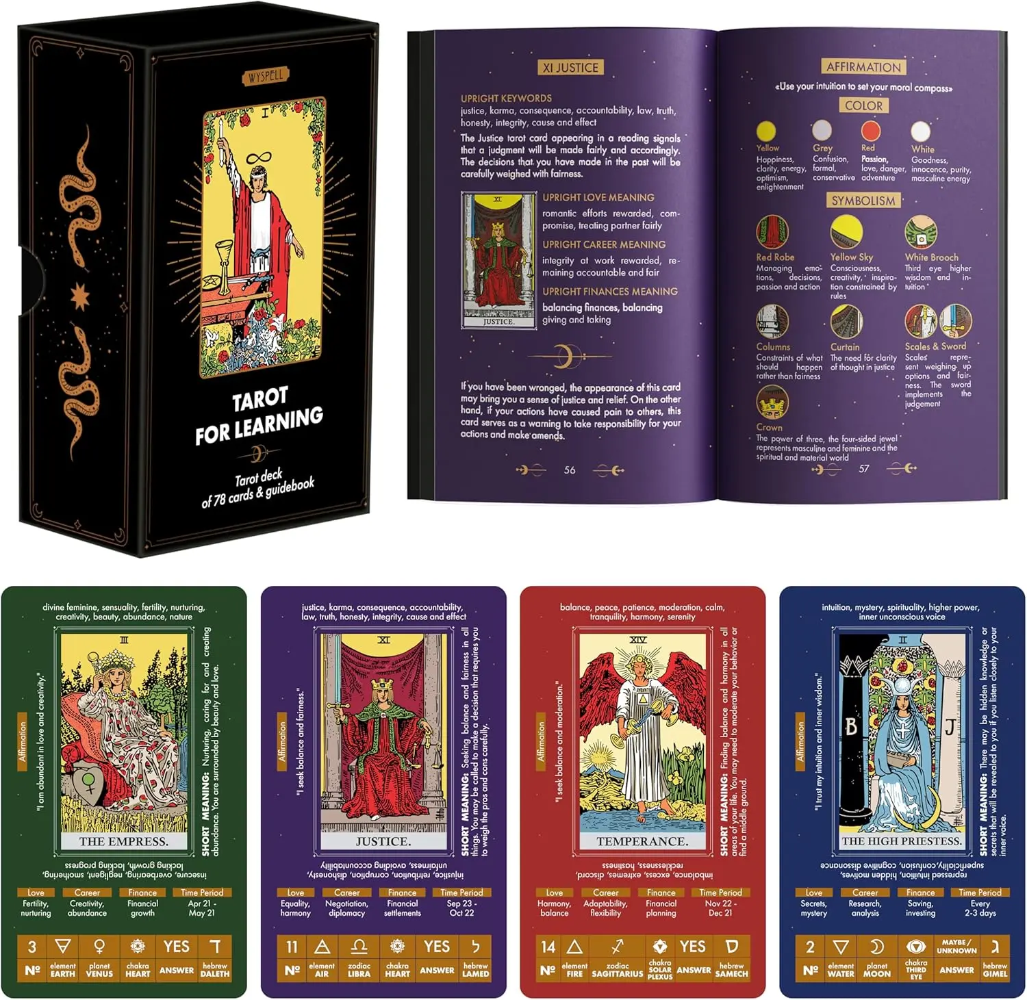 Beginner Tarot Deck with Printed Meanings - Tarot Cards for Learning with Guide Book Including Finance, Career, Chakra, Planet & Element Insights