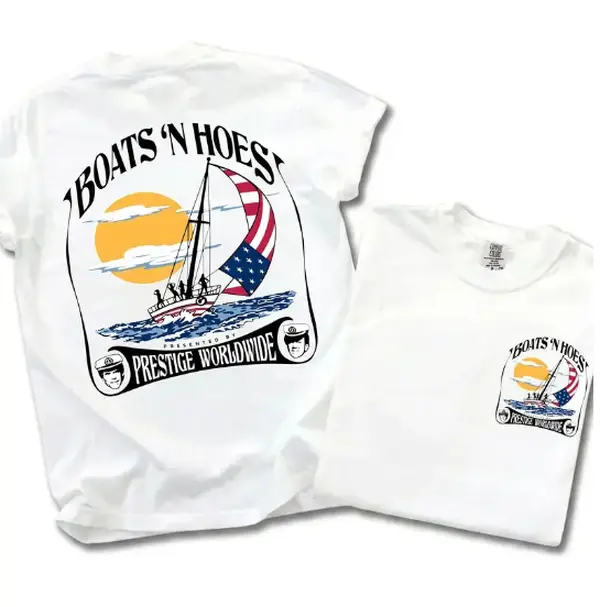 Women's Short-Sleeve Boats 'N Hoez Step Brothers Movie Print T-Shirt, Relaxed-Fit Vintage Retro Streetwear Outfit, Classic Funny Graphic Tee, Unique Gift For Him