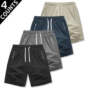 Men's 4-Pack Quick-Dry Athletic Shorts, Ice Silk Breathable Fabric, Elastic Waist with White Drawstring, Zipper Pockets with Reflective Print, Moisture-Wicking, Perfect for Gym, Running, Training & All-Day Comfort