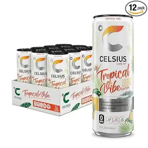 CELSIUS Sparkling Tropical Vibe, Functional Essential Energy Drink 12 Fl Oz (Pack of 12)