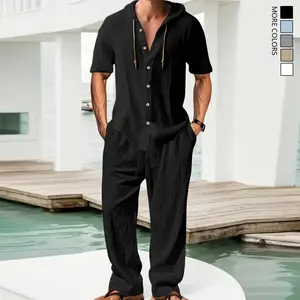 Men's 2-Piece Linen Clothing Set - Loose-Fitting Short-Sleeve Hooded Button-Down Shirt & Pants, Casual Beach Summer Menswear Outfits (Men's 2 Piece Sets)