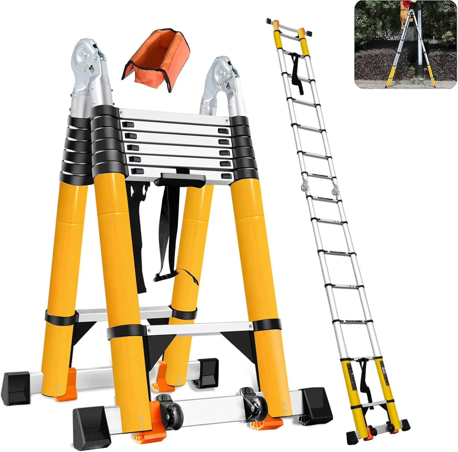 NUNET 18FT Telescoping Aluminum A-Frame Ladder - EN131 Approved, 330lbs Capacity, Anti-Slip, Foldable to 39in, w/ Balance Bars & Wheels, Portable for Car Trunk, 7+7FT Adjustable Step Ladder for Painting, Decorating, Window Washing