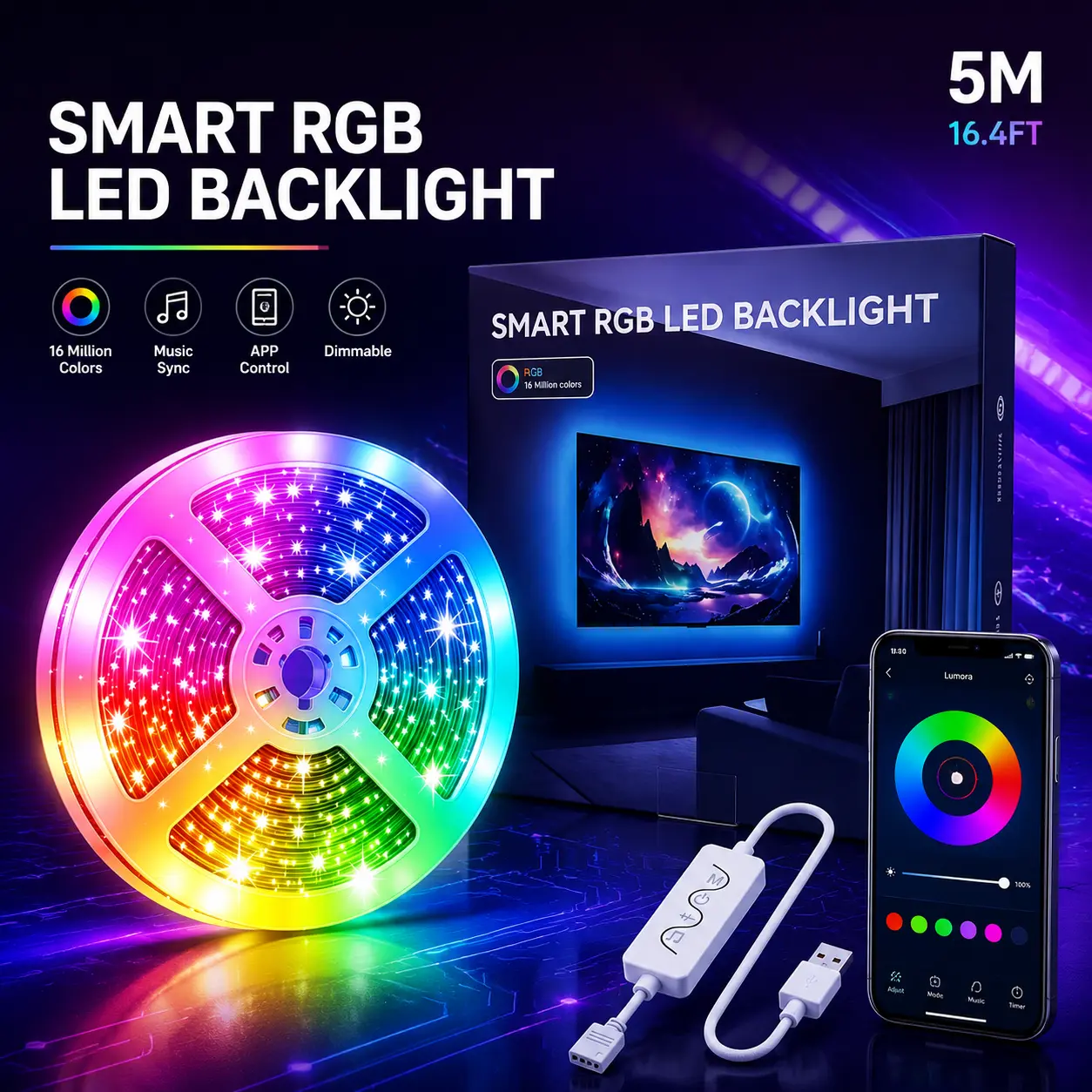 Smart RGB TV LED Light Strip,16.4ft USB TV Backlight, Bluetooth APP & Remote Control, Music Sync Flexible Ambient Lighting for 32-75 Inch TV, Gaming & Home Decor