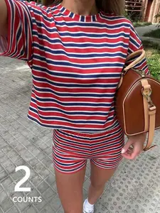 Spring Summer Sweet Cool Aesthetic Style, Breathable Smooth Soft Milk Silk Fabric, Short Cropped Top and Shorts Set, Retro Striped Design, Comfortable for Home and Street, Womenswear Outfit