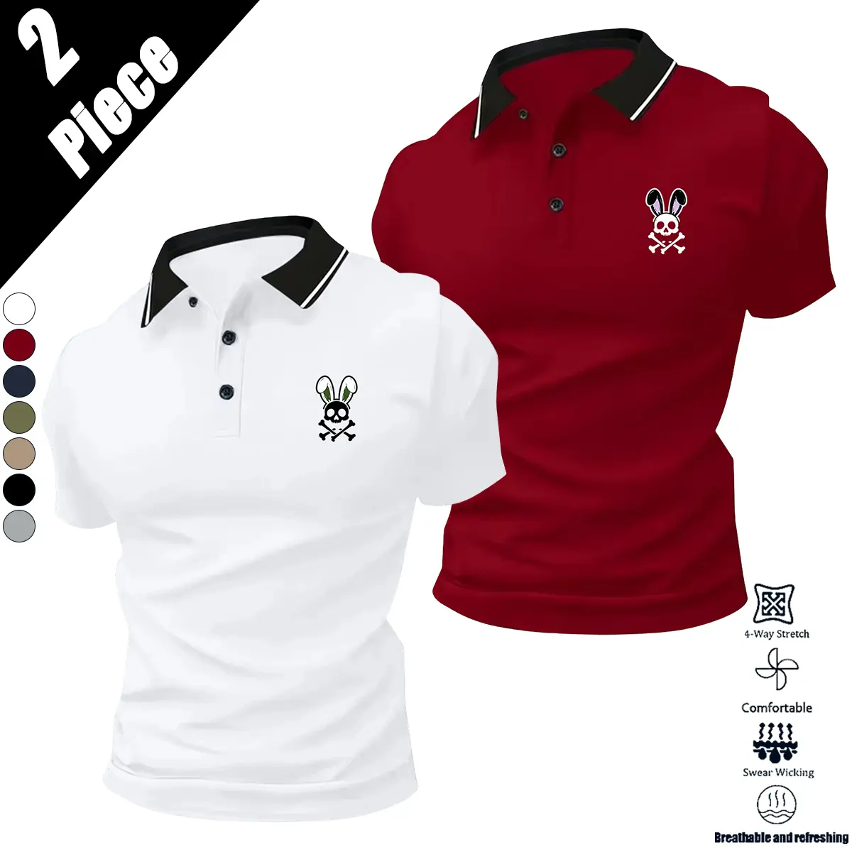 Men’s two-pack solid-color polo shirts with a turn-down collar, breathable and quick-drying, casual golf shirts, lightweight and stretchy, suitable for summer office wear, rabbit skull print, comfortable fit, short-sleeved tops
