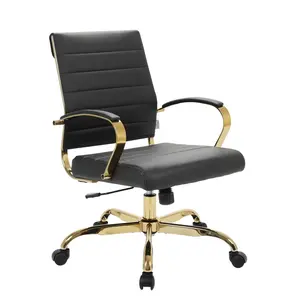 LeisureMod BOG19BLL Benmar Leather Office Chair with Gold Frame, Black