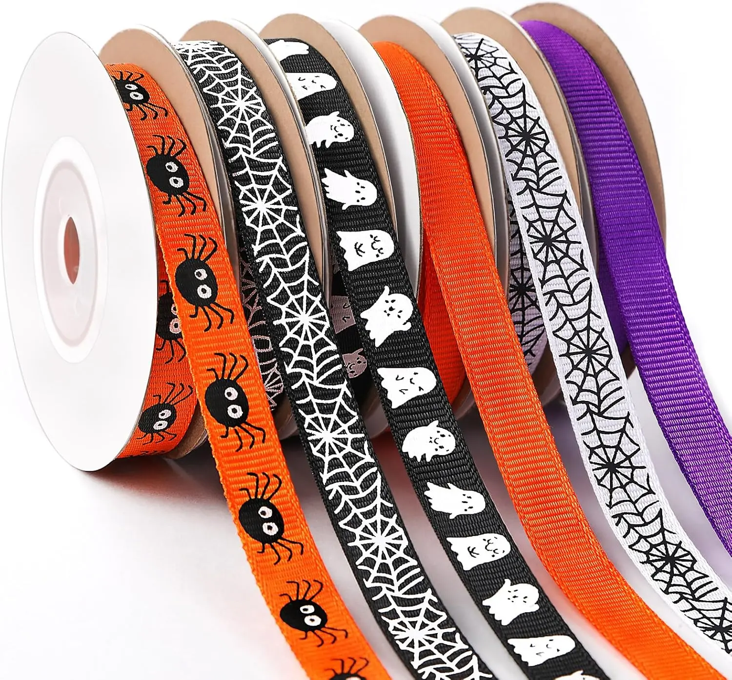 Halloween Ribbon, 6 Rolls 60 Yards Halloween Grosgrain Ribbons 10mm Wide Spider Ghost Spider Web Pattern Printed Ribbon for Crafts Gift Wrapping Halloween Party Home Decorations