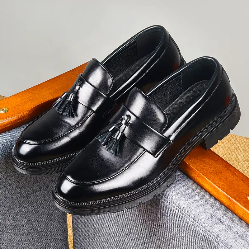 Men's Jet Black Tassel Loafers with a Chunky Lug Sole, Round Toe Slip-On Office Work Shoe with a Textured Upper for Smart Casual Outfits, Lightweight, Flat Slip-On Loafers, Jet Black Loafers