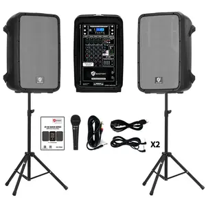 EXOTON EP-210 10inch PA System with 8-Channel Mixer,Portable 600W Bluetooth Speakers,USB/SD/FM/5-band EQ, Includes 2 Speaker Stands/Mic/48V Phantom Power,for Indoor&Outdoor