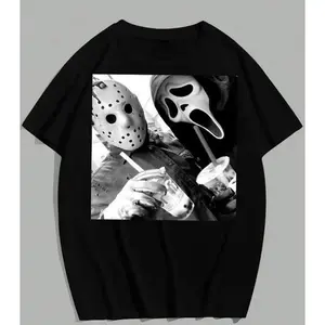 vintage-Jason and Ghost Face T-shirt, fun Halloween T-shirt, suitable for both men and women, T-shirt with 21st century 90s style patterns 90s movie commemorative t-shirt Top Love Top tier clothing gift for him/her