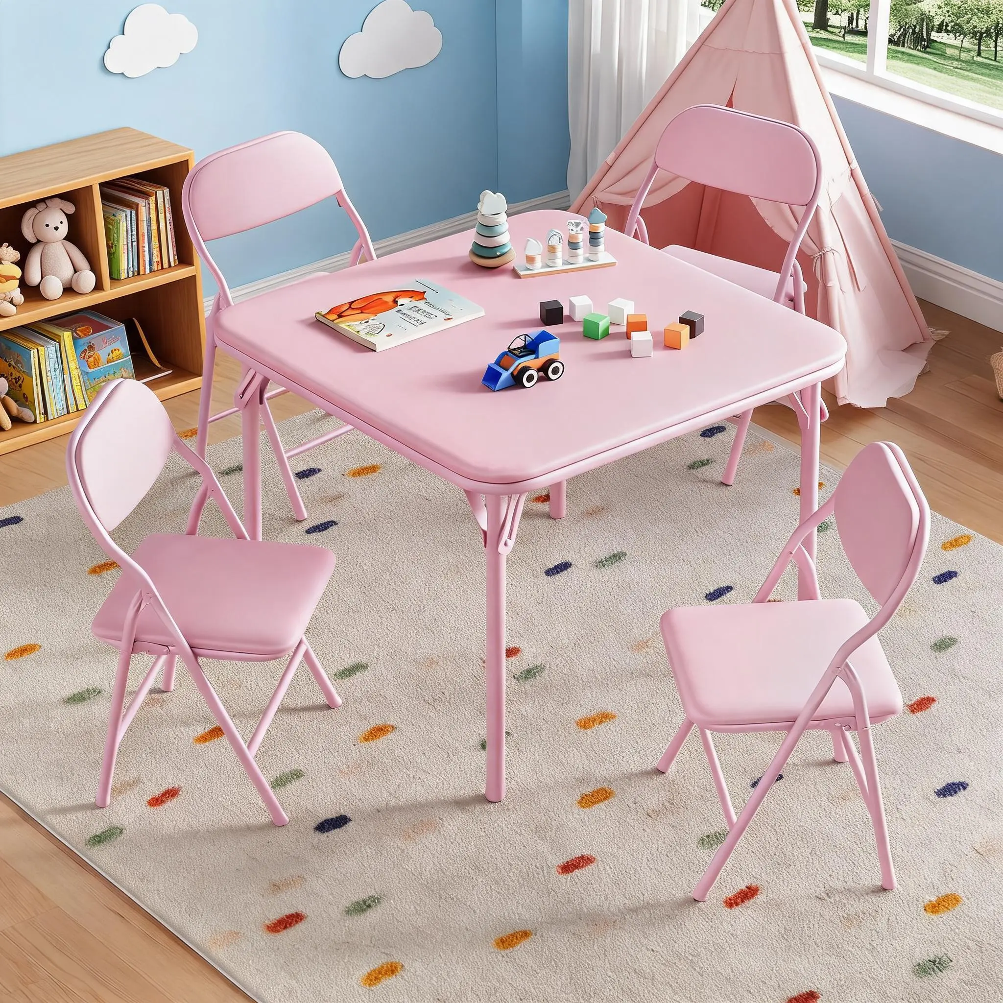 【Back to School】Garvee Kids Folding Table and Chairs Set, Square Toddler Activity Furniture - Lightweight Metal Frame, PU Leather Wipe-Clean Top, Padded Seats for Dining/Crafts/Learning - Choose 3-Piece or 5-Piece | 3-Piece/5-Piece Options