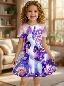 Girls Summer Purple Flower Unicorn Print Dress, Kids Dreamy Crew Neck Short Sleeve A-Line Dress